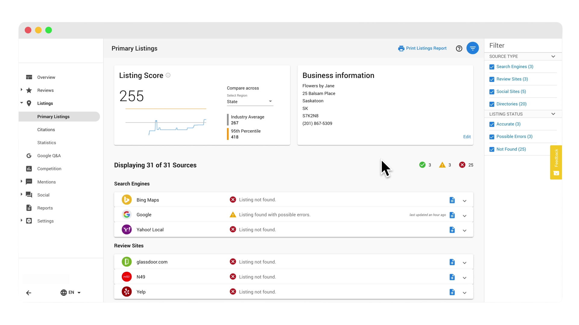 Reputation dashboard showing the listings score.