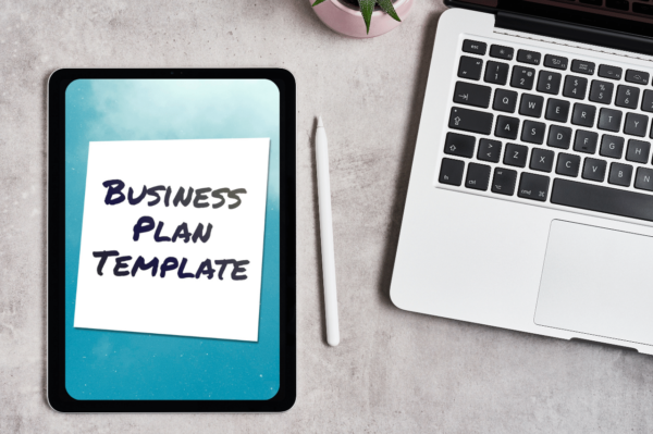 Cover image on a tablet for a business plan template.| Purely Write